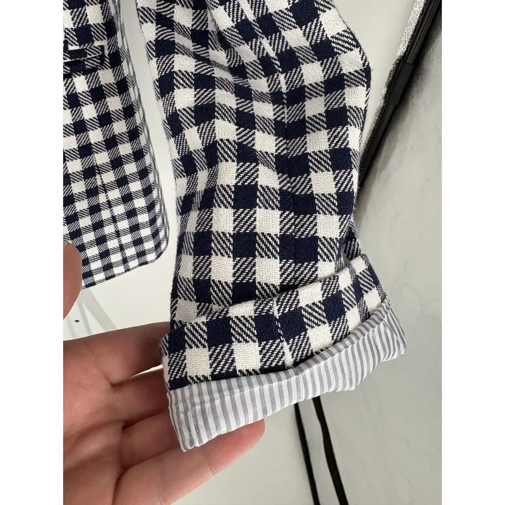 Navy White Gingham Blazer | Checkered Lightweight Jacket